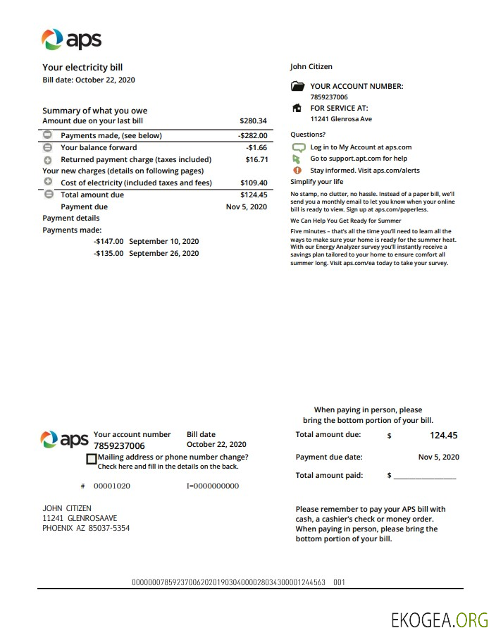 USA Arizona APS electricity proof of address utility bill template in Word and PDF format
